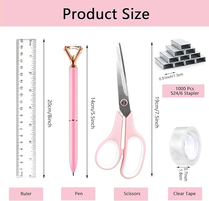 Office Supplies,Desk Accessories,Tape Holder,Stapler,Scissor,Staple Remover,Box of Binder Clips,Staples,Ballpoint Pen,Sticky Notes,Clear Tape,Ruler,Office Supplies Set Pink