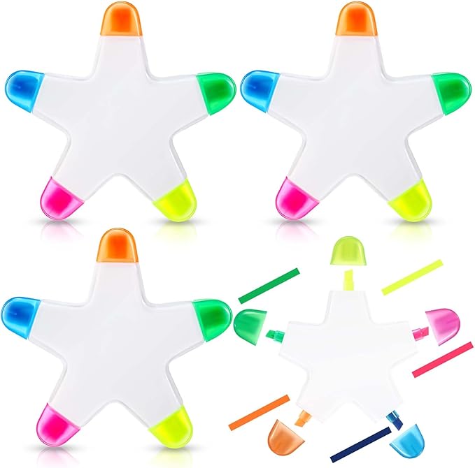 Geyee 3 Pcs Star Highlighters Bulk Highlighters Assorted Colors Creative Star Shape Watercolor Cute Pens 5-in-1 Color Fluorescent Pens for School Office Stationery Aesthetic School Supplies