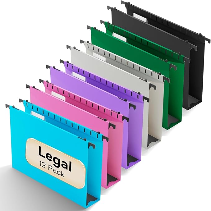 Extra Capacity Legal Size Plastic Hanging File Folders,Heavy Duty 2 Inch Expansion,12 Pack Reinforced Expanding Legal Hanging Folders,Legal Filing Cabinet Folders for Bulky Files,Assorted Color