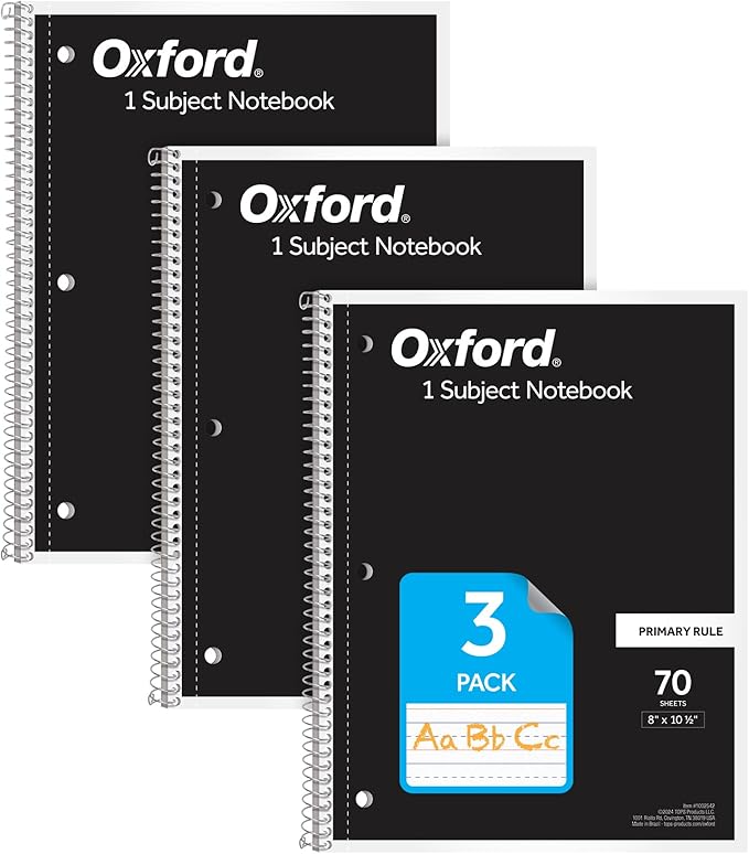 Oxford Primary Ruled Spiral Notebooks, Writing/Drawing Practice for Kids, Grades Pre-K, K-2, 70 Sheets, 8 x 10.5 Inches, Black, 3 Pack (1002542)