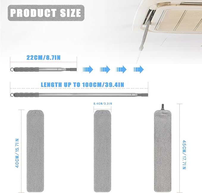 Retractable Gap Dust Cleaner, 40” Flat Cleaner with Hanging Hook, Bendable and Detachable Head Microfiber Duster, Washable Dust Brush for Home, AC, Car and Hard-to-Reach Corners, Containing 2 Clothes