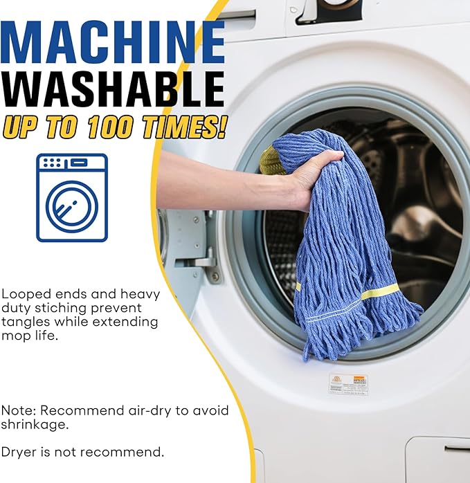 Matthew Cleaning Heavy Duty Mop Head Replacement, 5 Inch Wide Headband, Color Coded Looped End Cotton String Wet Mops for Floor Cleaning, Large Size 24 oz, 8 Pack