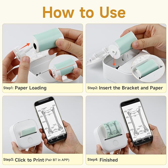 Memoking Mini Portable Printer - T02 Inkless Pocket Thermal Sticker Maker Mini Sticker Printer Mobile Label Maker for Student, Gift, White (Bunny Case Not Included)