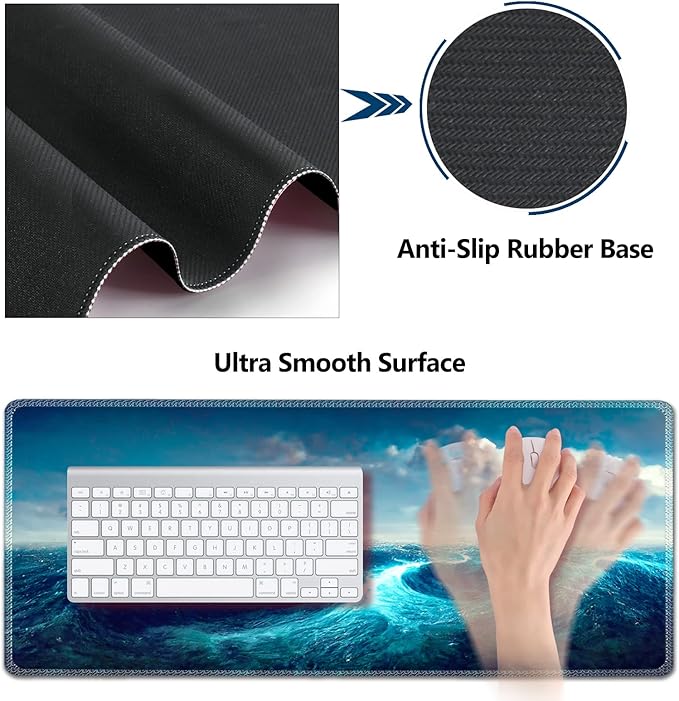 AIMSA Keyboard Mouse Pad Wrist Rest, Extended Gaming Mouse Pad +Wrist Support, Ergonomic Memory Foam,XXL Large Mousepad Easy Typing Pain Relief, 4Pcs (35×15.7 in) Desk Mat,Big Sea Waves