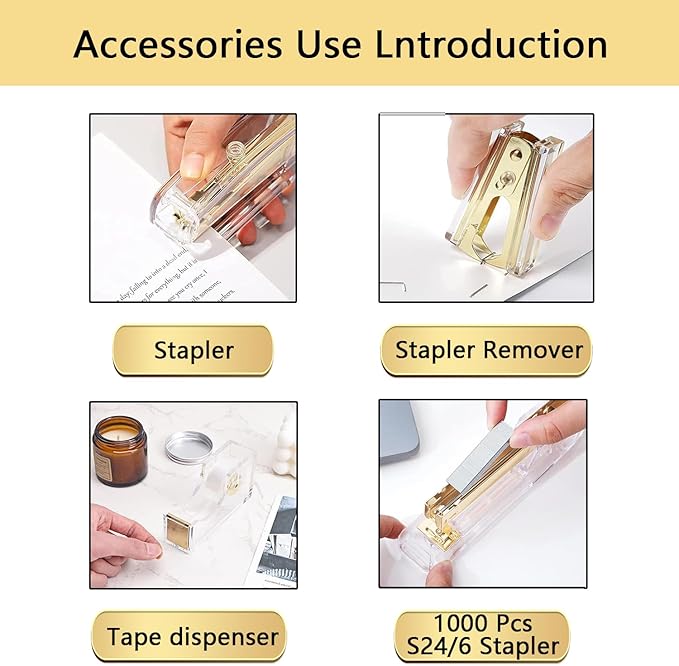 Office Supplies,Desk Accessories,with Stapler,Tape Dispenser,Staple Remover,Scissor,Ballpoint Pen,Clear Tape,Staples,Binder,Best Gift Set(Gold)