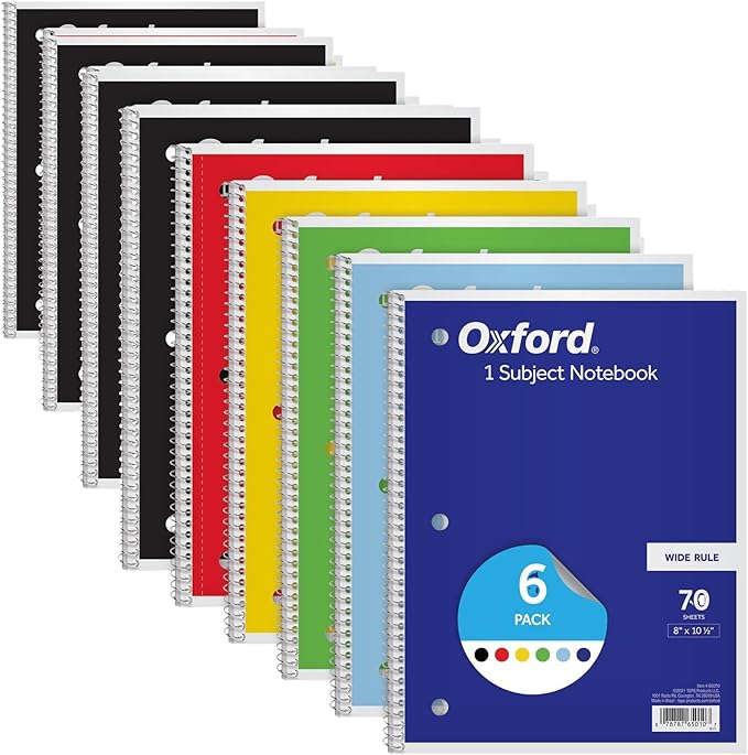 Oxford Spiral Notebook 6 Pack, Bulk Wide Ruled Spiral Notebooks for School, 1 Subject Journal, Wide Ruled Paper, 8 x 10-1/2 Inch, Blue, Yellow, Red, Light Blue, Green and Black, 70 Sheets (65010) (Pack of 4)
