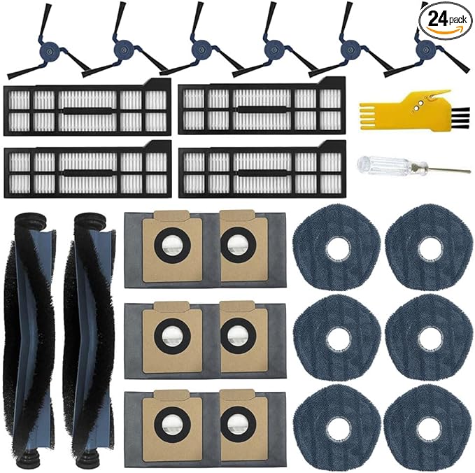aoteng Replacement Parts for eufy X10 Pro Omni Robot Vacuum Cleaner Accessories Kit 24 Packs 2 Main Brush, 4 Filters, 6 Side Brushes, 6 Mop Cloths, 6 Dust Bags