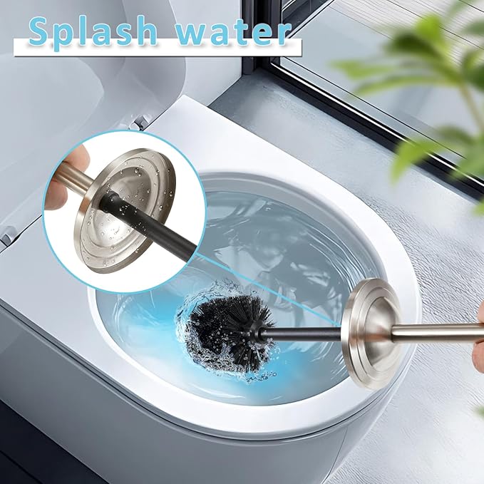 Brushed Nickel Toilet Brush and Holder Set,304 Stainless Steel Toilet Bowl Brush and Holder for Bathroom,Silver Heavy Duty Toilet Brush,Durable Scrubbing Bristles,Splash Resistant,Long Hanlde