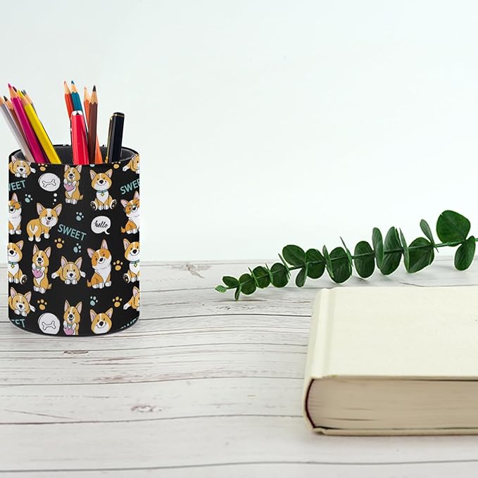 Cute Corgi Pen Holder Pencil Organizer Cute Pencil Cup Desk Decor Makeup Brush Holder PU Multifunctional Office Suppliesfor Home Classroom School