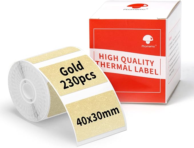 Phomemo Label Maker Original Gold Labels 1.57"x1.18"(40x30mm),Black on Gold, Compatible with Phomemo M110/M120/M200/M220/M221 Label Printer, Multi-Purpose Self-Adhesive Thermal Labels,230PCS/Roll