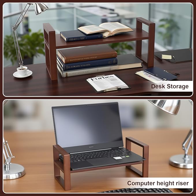 Desk Organizer - Adjustable & No Assembly Needed, Solid Pine Wood, Desktop Shelf Holds up to 130lbs for Office, Books, Bathroom Storage & Organization-Walnut Colour