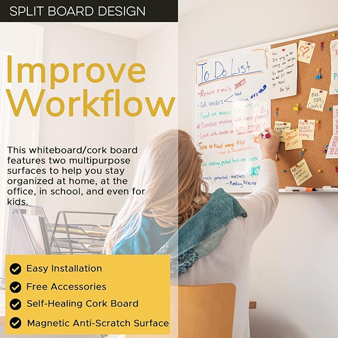 Vision Board 2025: Dry Erase Cork Board Combo Set - 20" x 28" Magnetic White Board and Cork Bulletin Combination Board, Use as Message Board, Memo Board - w/Markers, Eraser, Magnets, Push Pins