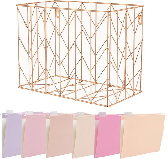 Hanging File Folder Kit Includes 1 Rose Gold Hanging File Desk Organizer and 24 Pack Hanging File Folders Letter Size with 1/5 Cut Tabs Design for School Office Home Supplies, Pink Design