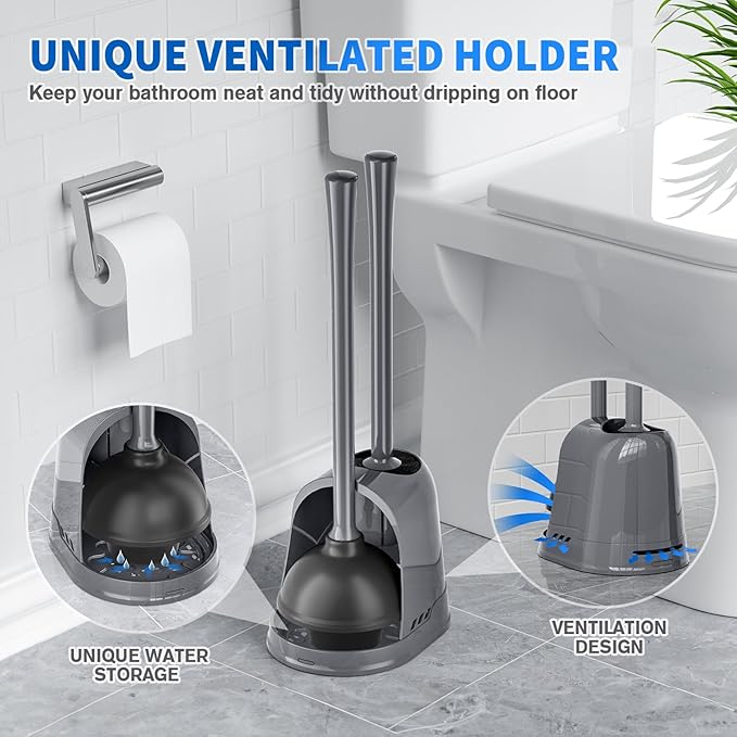 Toilet Plunger and Brush,2 Pack Bowl Brush and Heavy Duty Toilet Plunger Set with Ventilated Holder, 2-in-1 Toilet Brush and Plunger Combo for 5.3-inch Toilet DrainBathroom Cleaning