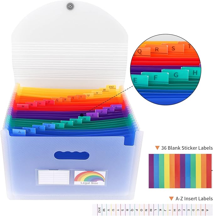 Uquelic Accordion File Organizer, Legal File Folder with 24 Pockets, Expanding File Folder with Color Index& Elastic Strap, A4 Document Folder for Receipt, Bills, Important Documents (Clear)