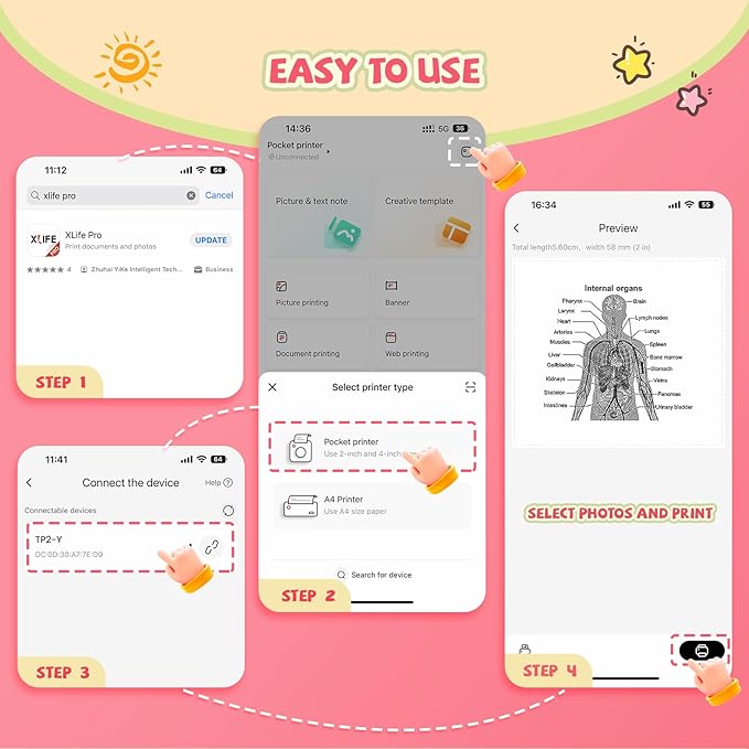 vretti Sticker Printer - TP2-Y Mini Portable Thermal Printer with 10 Rolls Thermal Paper, Inkless Sticker Maker Machine Bluetooth Mini Pocket Printer for iPhone, Study Graphics, Photos, Students