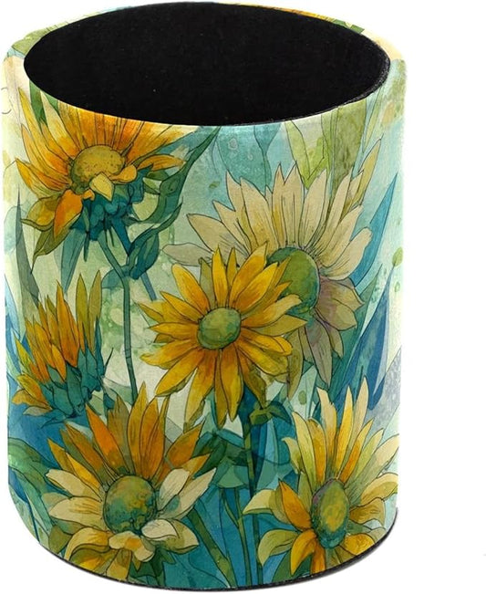 Watercolor Art Sunflower PVC Leather Circular Pencil Holder for Desk Organizer Stationery Holder for Office, School(3.9 x 3.1 Inches)