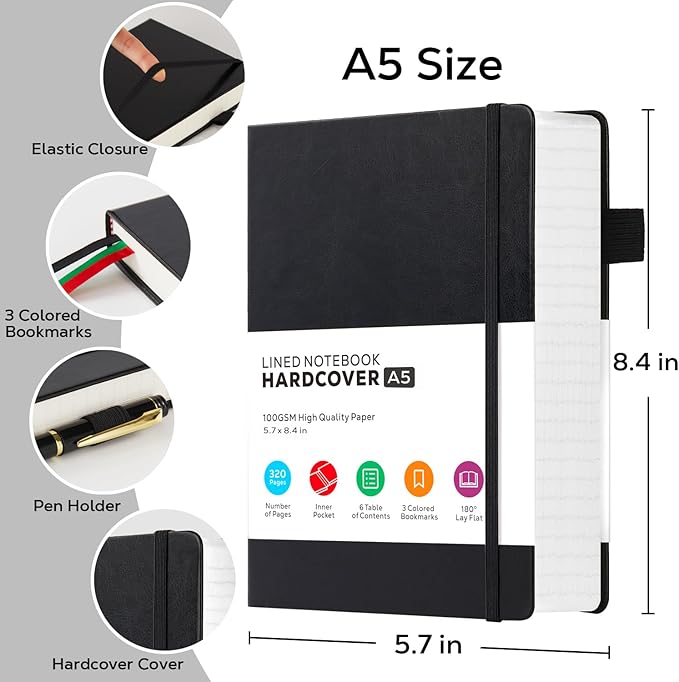 Hardcover Lined Notebook Journal for Writing, 320 Pages Leather Thick College Ruled Notebook Journal with 100GSM Paper, A5 (5.7'' X 8.4'') Daily Journal for Women Men Work Organization, Black