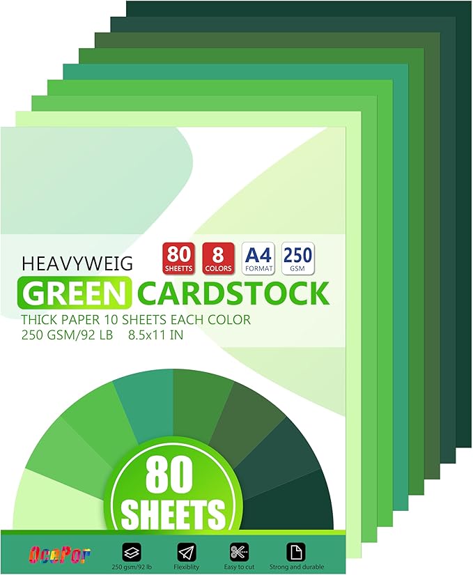 OcePor 80 Sheets Green Cardstock Paper, Colored Printer Paper 8.5 x 11, Thick Construction for Cards Making, Scrapbook，Office Printing, Invitations, Certificates，DIY Crafting 92 lb/250gsm