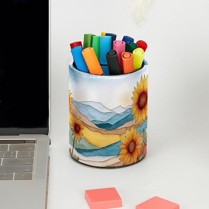 Watercolor Art Sunflower PVC Leather Circular Pencil Holder for Desk Organizer Stationery Holder for Office, School(3.9 x 3.1 Inches)