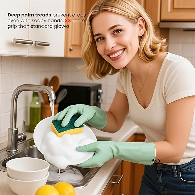 Rubber Dishwashing Gloves for Kitchen 4 Pairs Cleaning Household Dish Washing Reusable & Waterproof Latex Glove(Medium/with Hook)