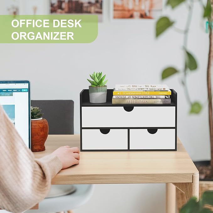 Wisuce Desk Organizer with Drawers - Bamboo Desktop Organizer Storage | Black-White Wood Desk Makeup Dresser Top Organizer for Cosmetics No Assembly Required