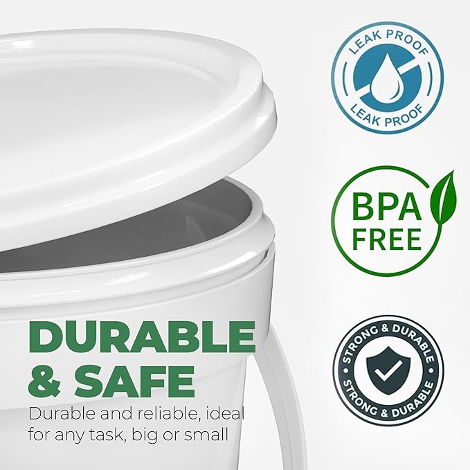 EconoHome 1 Gallon Food Grade Round Plastic Bucket - Food Storage Deli Containers with Lids Ideal for Ice Cream, Soup, and Prep Containers - BPA-Free - 5 Pack