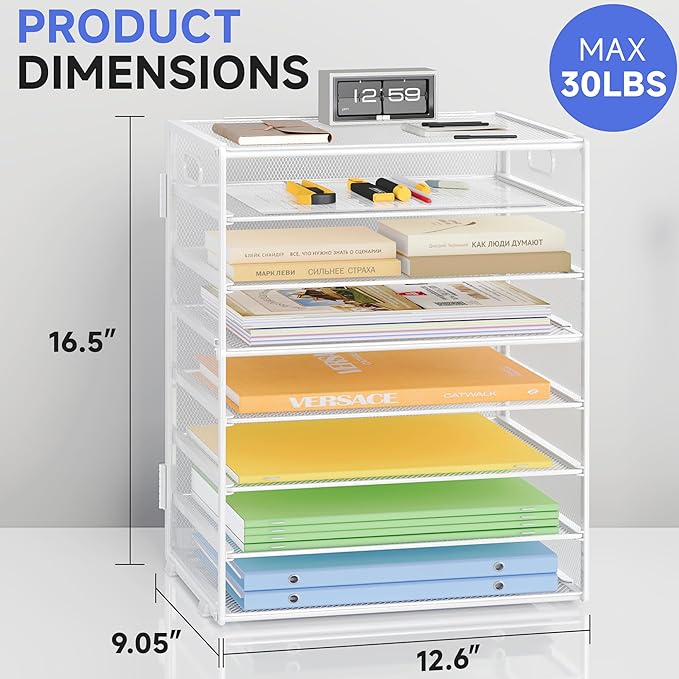 2 Pack 8 Tier Paper Organizer with Handle, Metal Mesh Desk File Organizer, Large Capacity Desk Organizers Paper Letter Tray Desktop Document Sorter for Office, Home or School - White