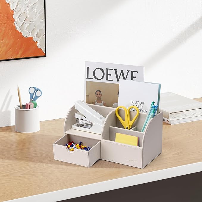 Vlando Office Supplies Desk Organizer Caddy, PU Leather Office Organization and Storage,Desktop Hanging File Letter Document Storage Holder with Drawer Beige