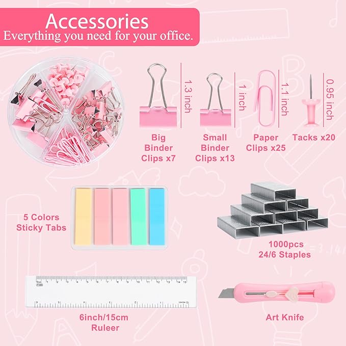 Pink Office Supplies, Pink Desk Accessories for Women, Cute Stapler and Tape Dispenser Set- Staple Remover, Clips, Staples, Scissor, Knife, Ruler, Tabs, Gift for Coworkers, Students