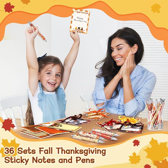 36 Pcs Fall Sticky Notes Include 12 Thanksgiving Notepads and 12 Pen and 12 Ribbon Fall Pumpkin Maple Leaf Turkey Self Adhesive Memo Pad for School Office Home Thanksgiving Gift