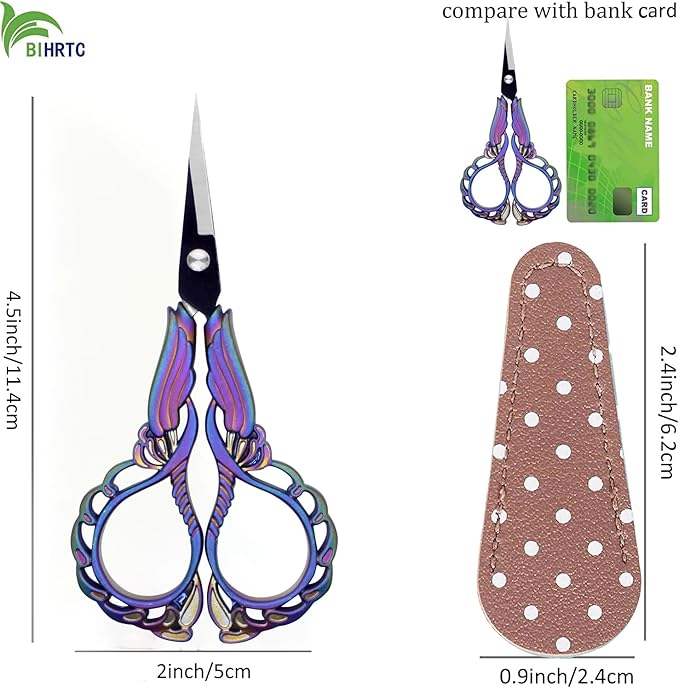 BIHRTC 4.5 Inch Vintage Embroidery Scissors with Artificial Leather Cover Stainless Steel Sharp Pointed Tip Scissors Shears Cross Stitch Sewing Crochet Scissors for Crafting Crochet Sewing