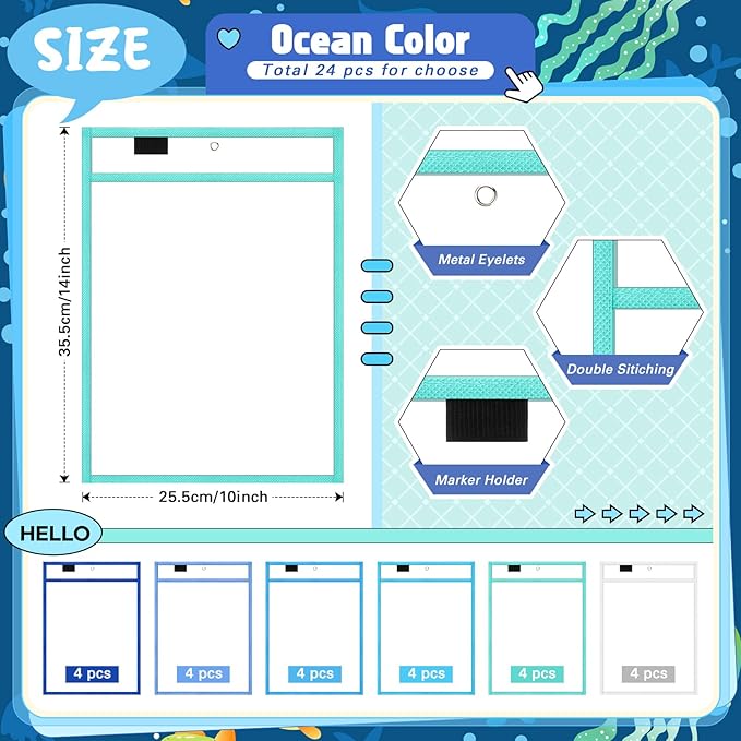 24 Pack Dry Erase Pocket Reusable Sleeves 10" x 14" Clear Plastic Sheet Protectors with Dry Erase Markers and Mini Sleeves Paper Teacher Supplies(Ocean Teal)