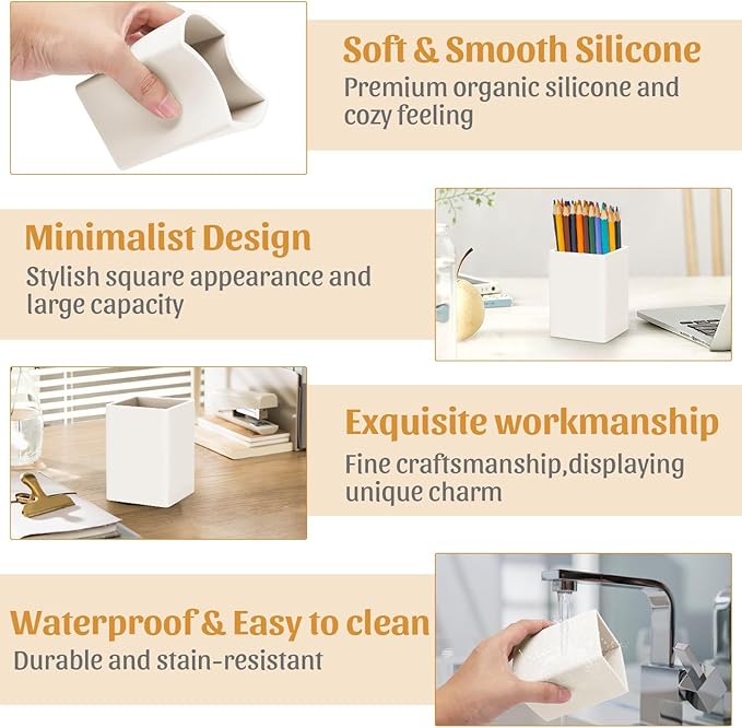 Pen Holder for Desk,Nordic Elegance Square Silicone Pencil Holder Soft Minimalist Desk Pen Cup Stand Waterproof Multifunctional Office Supplies for Home,Kids and School(Beige)