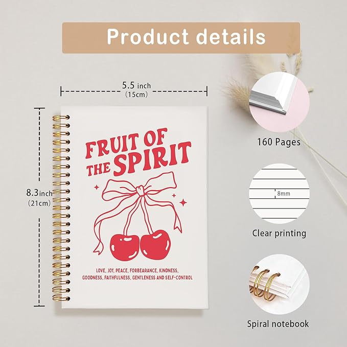 Gift for Woman Fruit of the Spirit Coquette Notebook,Pink Office Supplies,Cherry Bow Notepad A5, Preppy Aesthetic Christian-Inspired Notepad for Girls, Cute Spiral Stationery Gift 5.5x8.3