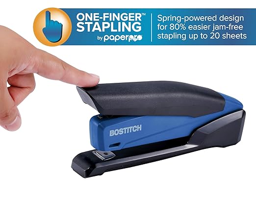 Bostitch Office Executive 3 in 1 Stapler, Includes 210 Staples and Integrated Staple Remover, One Finger Stapling, No Effort, 20 Sheet Capacity, Spring Powered Stapler, Navy Blue