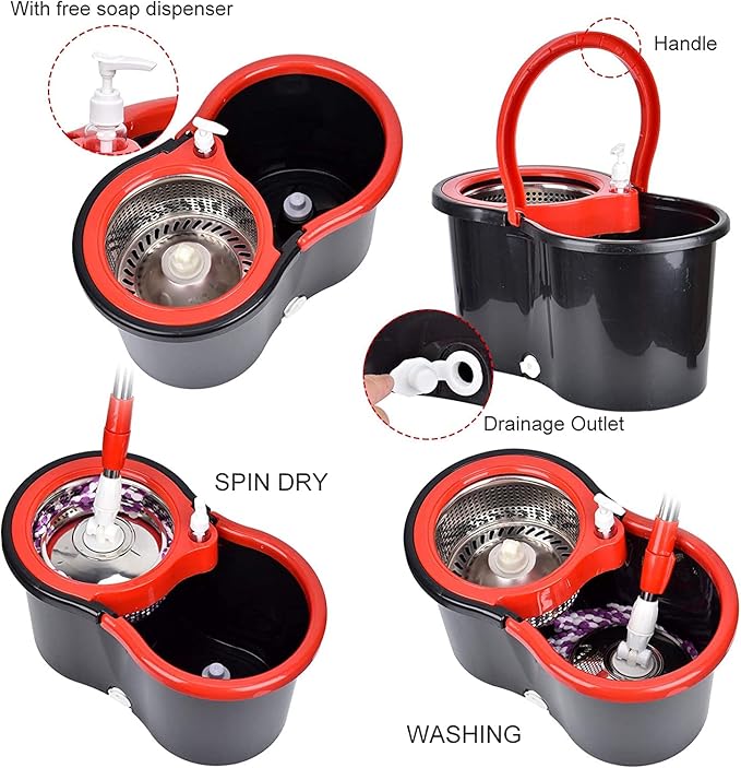 Spin Mop and Bucket with Wringer Set，360° Spin Mop and Bucket System with 3 Replaceable Microfiber Mop 61" Handle Household Cleaning Tools for Wet and Dry,Set of 2