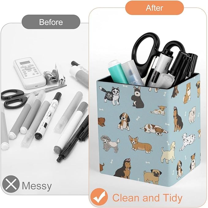 Square Pen Holder & Pencil Organizer for Desk - Office Storage Organizer, Markers/Makeup Brushes/Scissors Holder, Compact Desk Decor Accessories for Home Classroom School(Doodle puppy dog)