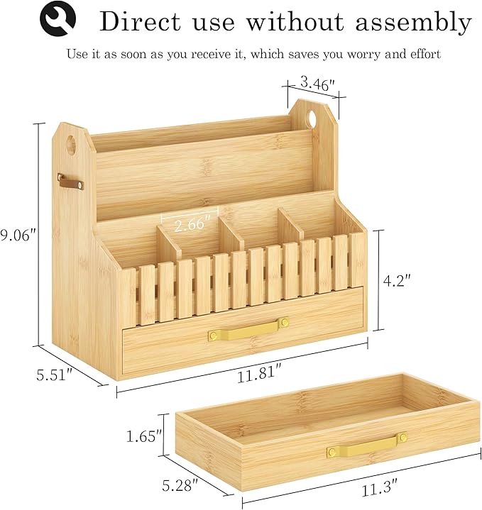 Bamboo Mail Organizer Countertop with Drawers, Wood Desk File Organizer Desktop Paper Organization Storage Bill & Letter Sorter Holder for School Home Office Supplies, No Assembly Required (Nature)