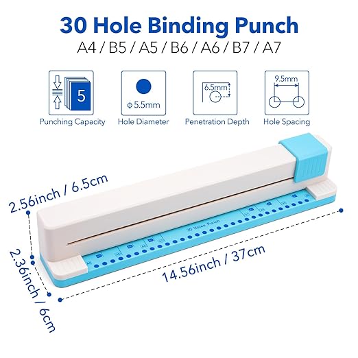 30 Holes Binding Punch,Loose Leaf Paper Punch Machine,Portable Hand Pushed Multi-Hole Puncher for Notebooks, Agendas, Planners,to-Do Lists, School Works and so Much More