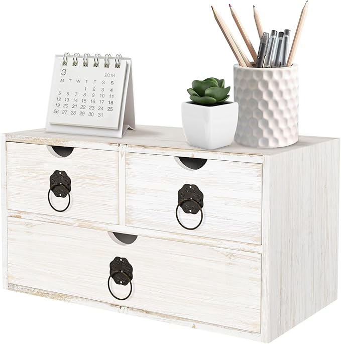 Wood Desk Organizer with Drawer, White Wooden Desktop Organizer, Tabletop Storage Organization Box for Countertop, Home Office Supplies (3 Drawer)