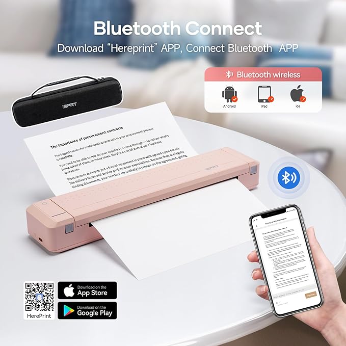 iDPRT Portable Thermal Printer with Case, 300DPI Inkless Mobile Printers for Travel, Home, Office, School, Vehicles, Support 8.5" X 11" US Letter/A4/A5, Wireless Bluetooth Printers, Pink