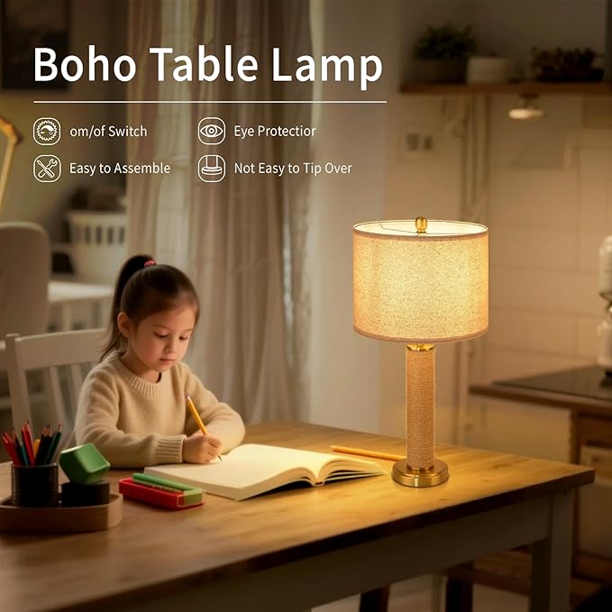 Boho Table Lamp for Bedroom, Brass Gold Wicker Table Lamp, Suitable for Small Space, Farmhouse Boho Lamp, Rustic Design Desk Lamp for Kitchen Counter, Bedside, Bedroom, Nightstands Decor