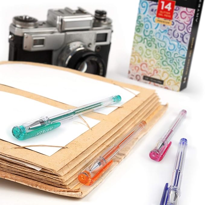 ARTEZA Glitter Gel Pens, Set of 14 – Colored Ink Markers with Triangular Grip, 0.8–1.0 mm Tip for Adult Coloring, Drawing & Decorative Writing