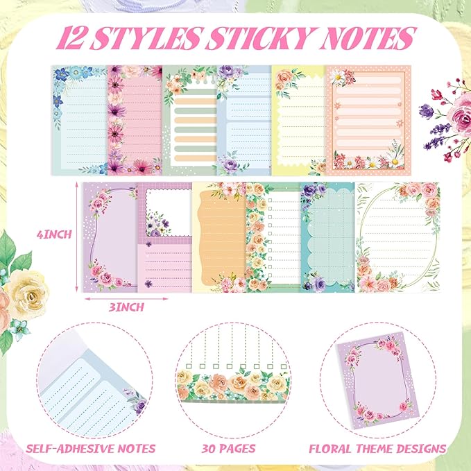 24 Pcs Floral Sticky Notes with Pens Flowers Self Adhesive Notepad Black Ink Ballpoint Pen Office School Students Teacher Supplies Gifts
