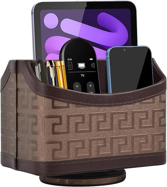 Leather Remote Control Holder 360°Rotatable,Bedside Nightstand Phone Caddy,Office Supplies Storage Box,Desk Organizer for TV Remote Controllers,CD,Pen,Mail,Media Player,Tablets(Coffee Gold)