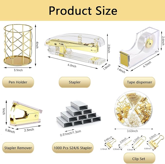Office Supplies,Desk Accessories,with Stapler,Tape Dispenser,Pen Holder Cup for Desk,Staple Remover,Scissor,Ballpoint Pen,Clear Tape, Staples,Phone Stand,Ruler,Binder,Best Gift Set(Gold)