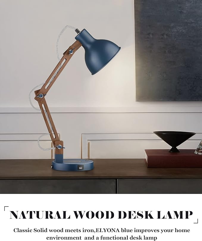 ELYONA Sapele Wood Desk Lamp with Upgraded Wireless Charger, Swing Arm Table Lamp with USB C Charging Port, Reading Task Light for Bedroom, Dorm, Office, Living Room, LED Bulb Include, Modern Blue