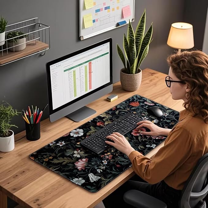 Dark Floral Pattern Large Gaming Mouse Pad 31.5"x15.7"｜XXL Desk Mat, Non-Slip Rubber Base & Stitched Edges - Extended Waterproof Mousepad for PC/Laptop/Office/Home Decor