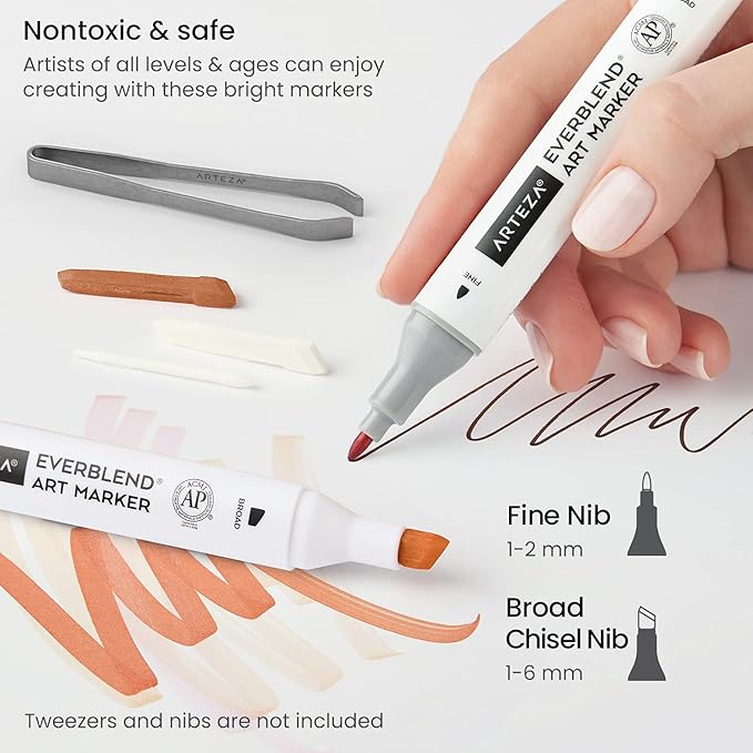 ARTEZA Alcohol Markers – Set of 36 Portrait & Skin Tone EverBlend Dual Tip Markers with Fine and Chisel Nibs and Organizer Box for Drawing